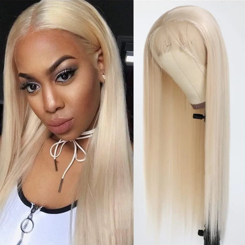 13x4 24 Inch Platinum Blonde Synthetic Lace Front Wig – Glueless, Heat-Resistant Fiber for a Natural Look