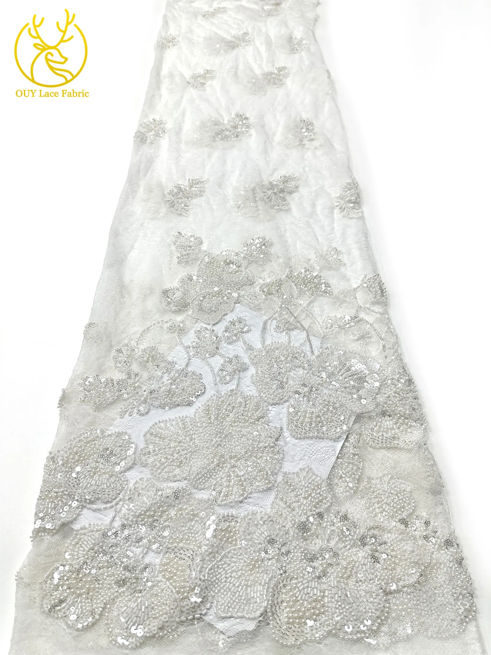 Afrikanischer Perlen-Spitzenstoff, 5 Yards luxuriöser nigerianischer französischer Pailletten-Spitzenstoff, ideal zum Nähen von Damen-Partykleidern – Detail 11