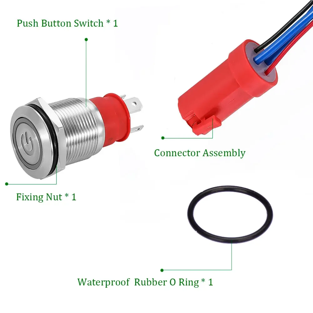 Metal 19mm Self Reset Stainless Steel Push Button Switch Ring Led With Power Symbol 20A Heavy Current Switches With Wire