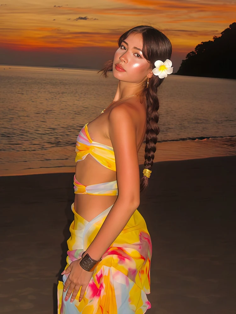 Tie Dye Print Women Mini Dress Colorful Stacked Pleated Strapless Hollow Waistless Irregular Vestidos Female Holiday Frock