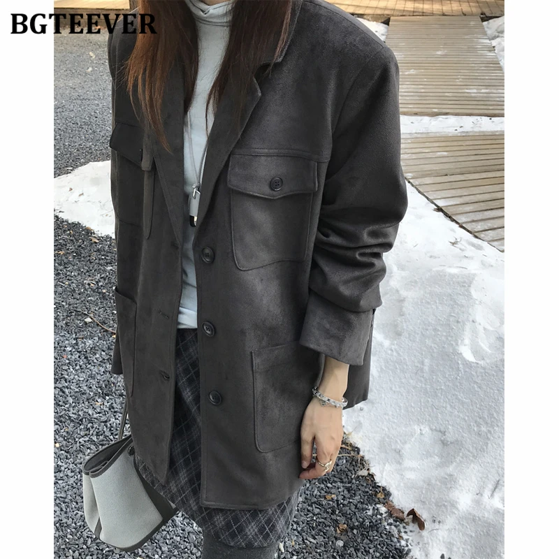 

BGTEEVER Autumn Winter Elegant Single-breasted Long Sleeve Blazer Jackets for Women Vintage Warm Loose Pockets Female Suit Coats