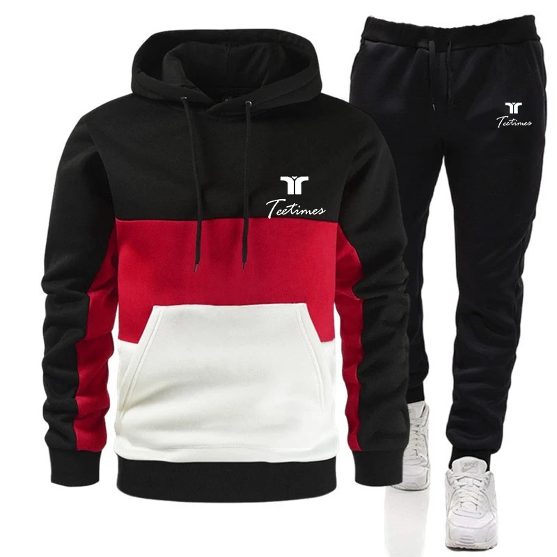 Men\'s sportswear hooded sweatshirt and jogging pants Men\'s daily casual sports hooded jogging suit splicing casual set