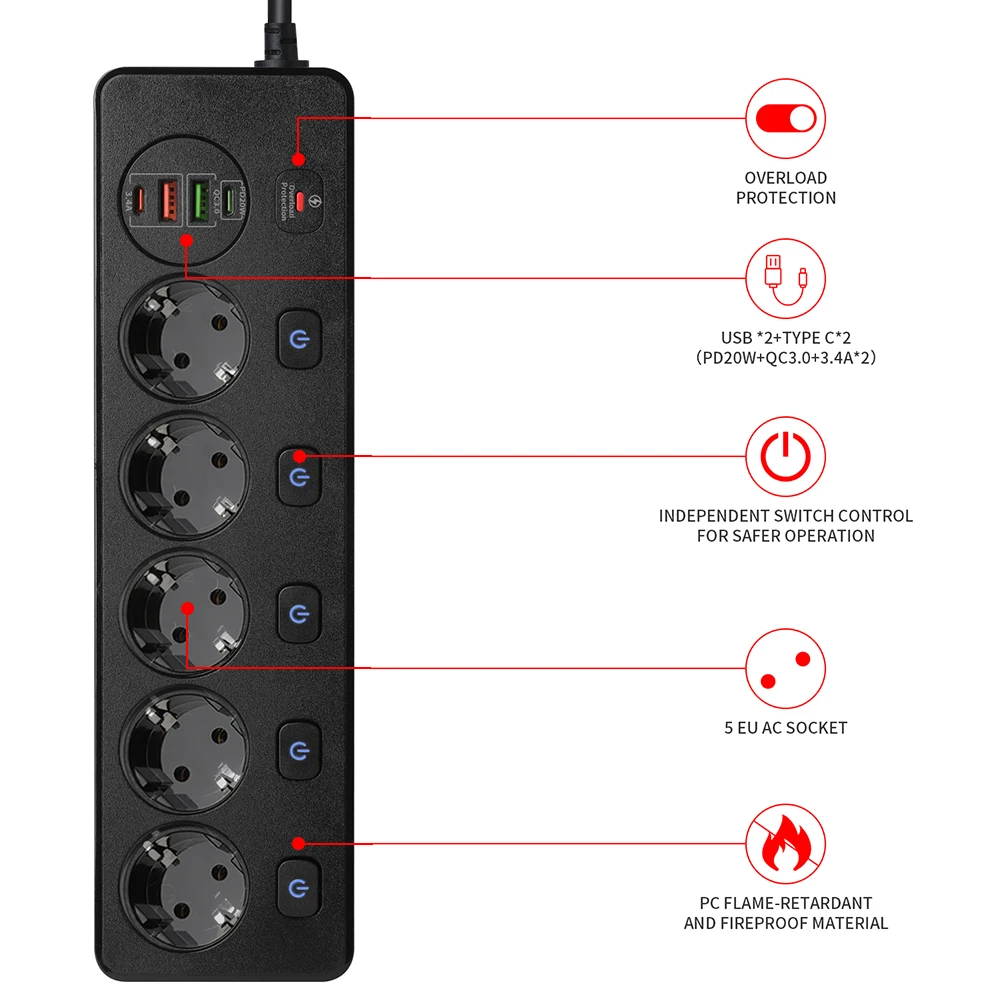 Multiprise de prise UE, multiprise, extension de 2m, filtre réseau avec 4USB PD 20W, protection contre les surtensions à charge rapide