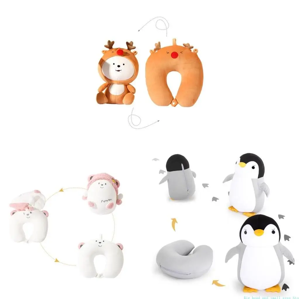 581C Kids Travel Pillow 2 in 1 Deformable Neck Pillow Soft Ushaped Pillow with Lovely Animal Sleep Companions