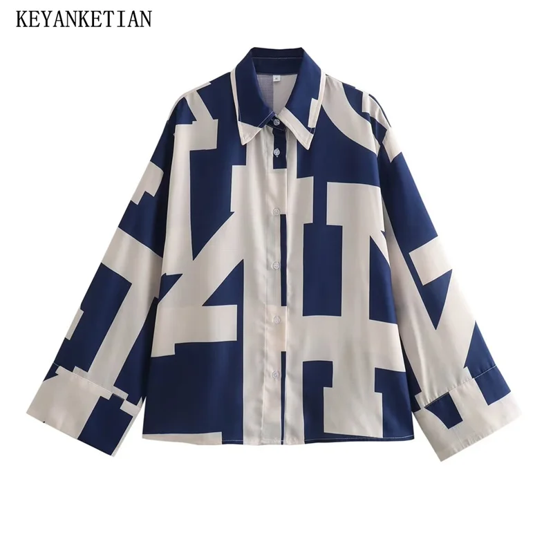 

KEYANKETIAN 2024 New Launch Women's Blue and White Geometric Printed Shirt Spring Single Breasted Oversize Loose Blouses Top