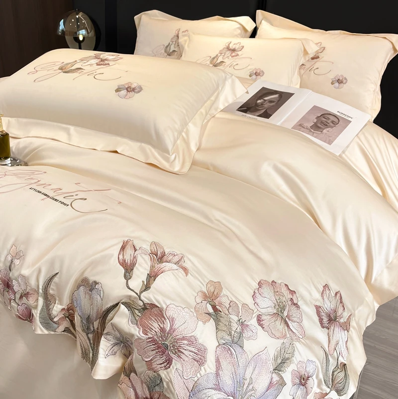 

High end Flowers Embroidery Duvet Cover Set Beige Egyptian Cotton Bedding Sets Luxury Quilt Cover Fitted Bed Sheet Pillowcases