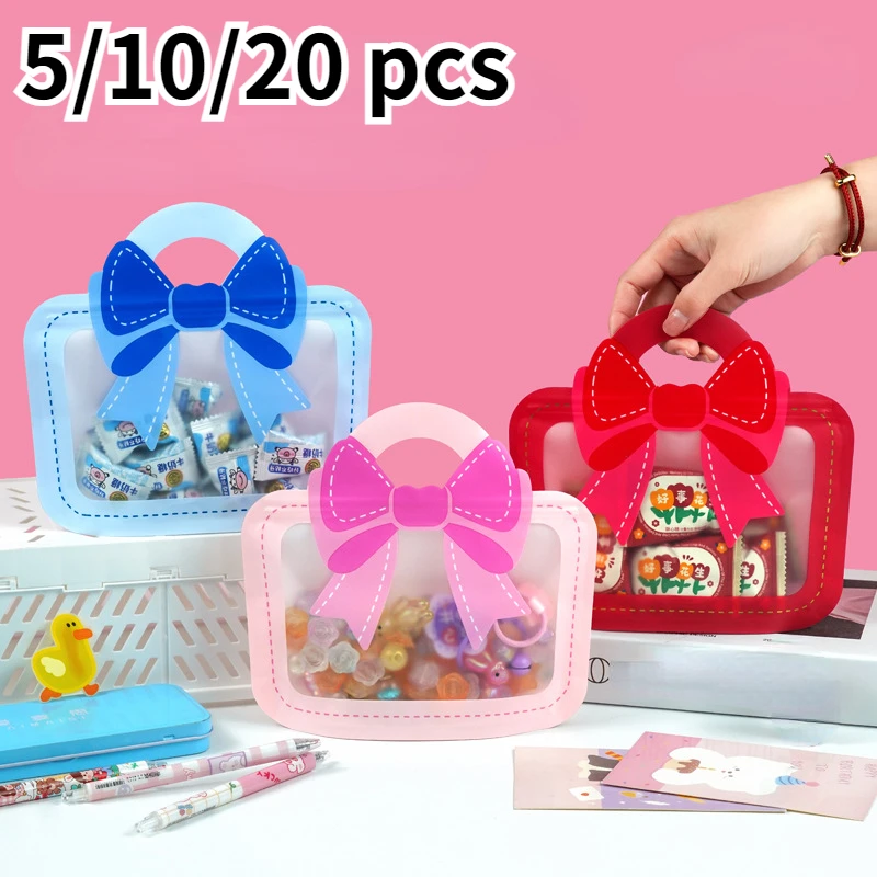 5/10/20Pcs Bow Snack Packaging Bag Portable Design Cosmetics Candy Small Items Storage Self Seals Cartoon Bow Portable Gift Bag