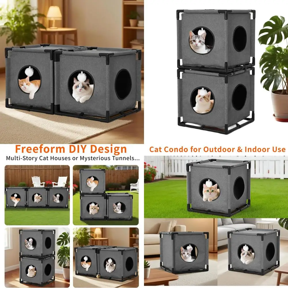 

2-Story Indoor Cat House with Velvet Bed and Fluffy Ball, Easy Assembly, Multi-Functional Kitty Condo, Grey