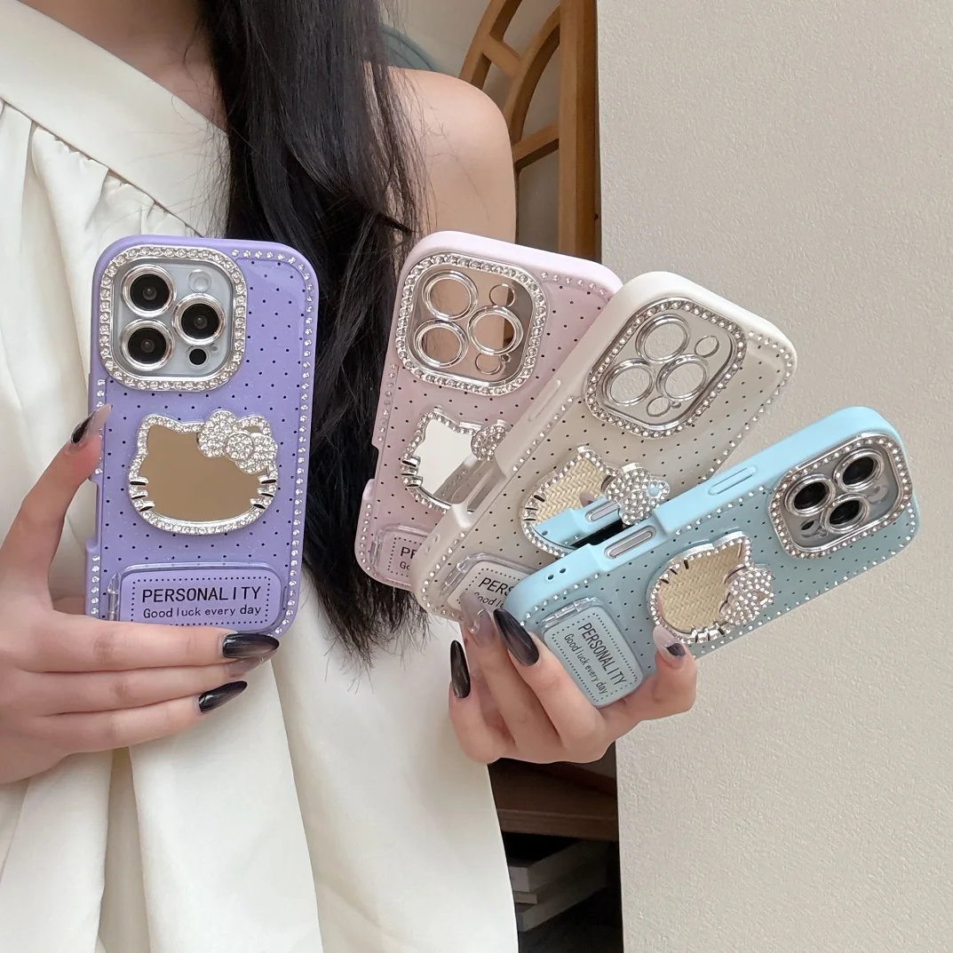 

Luxury Shiny Edge Diamonds Girl's Cute Dots Mirror Makeup Case For iPhone 13 14 15 16 Pro Max Plus Bracket Cover With Kickstand
