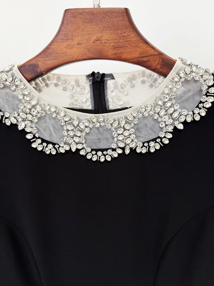 Luxurious Black Prom Birthday Dress O-neck Crystal Beads Long Illusion Sleeves Evening Gowns Pageant Formal Party Gowns