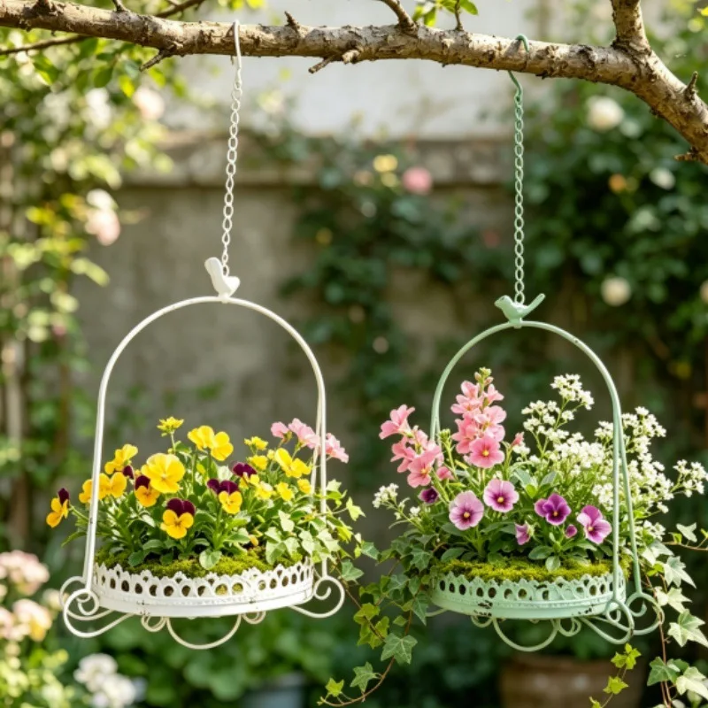 Retro Iron Chain Bird Lace Edge Hanging Basket Villa Courtyard Homestay Balcony Hanging Flower Basket Plant Holder Flowerpot