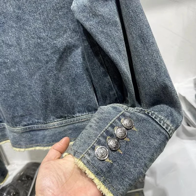 Perlen Denim Jacke Für Frauen Kurzen Mantel Frühling Herbst Mode Oansatz Raue-kanten Offenen Stich Tops Dame Streetwear Jean jacken