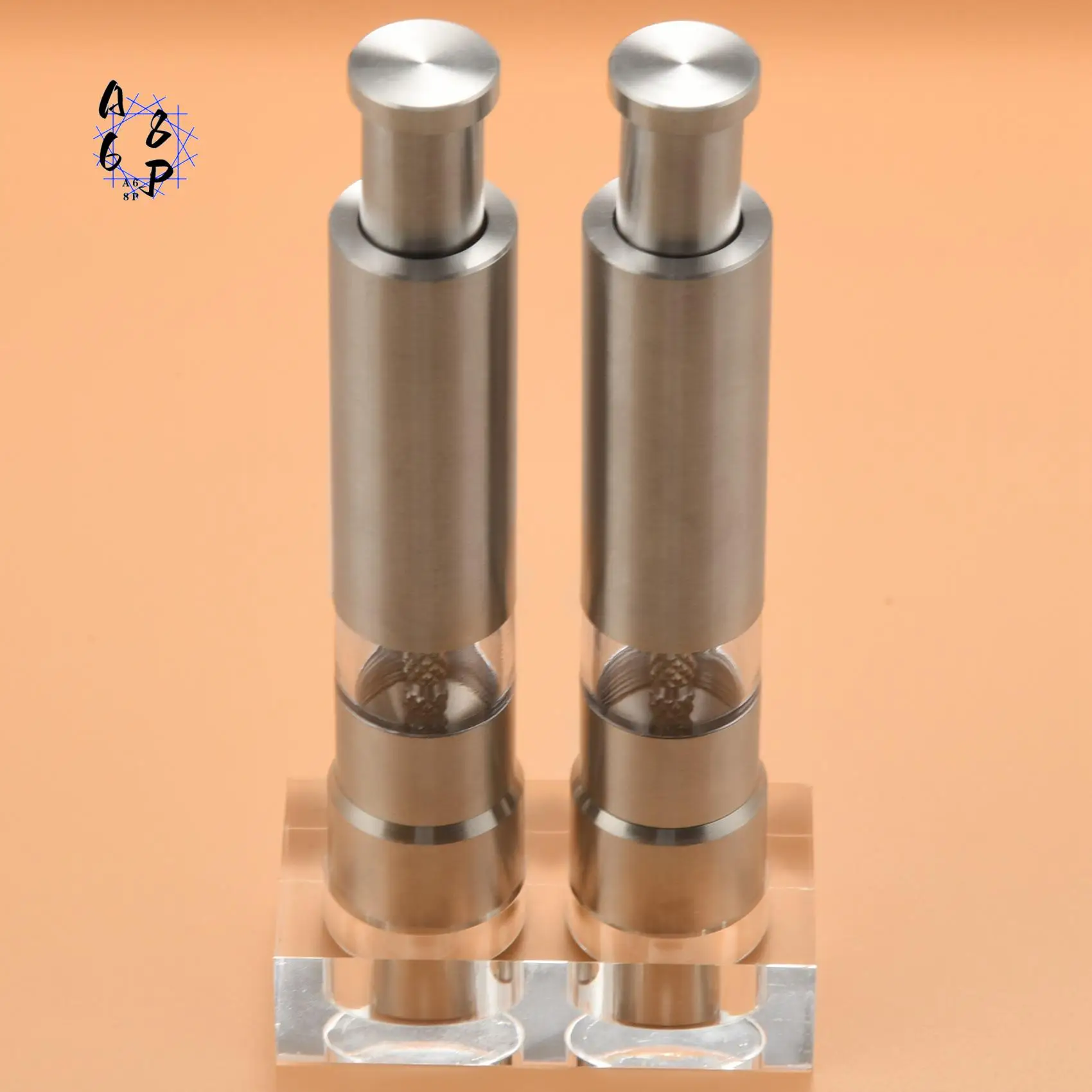 A68P-Salt And Pepper Grinder Set Of 2, Pepper Mill Stainless Steel Salt Shaker Push-Button Manual Glass Salt And Pepper Set