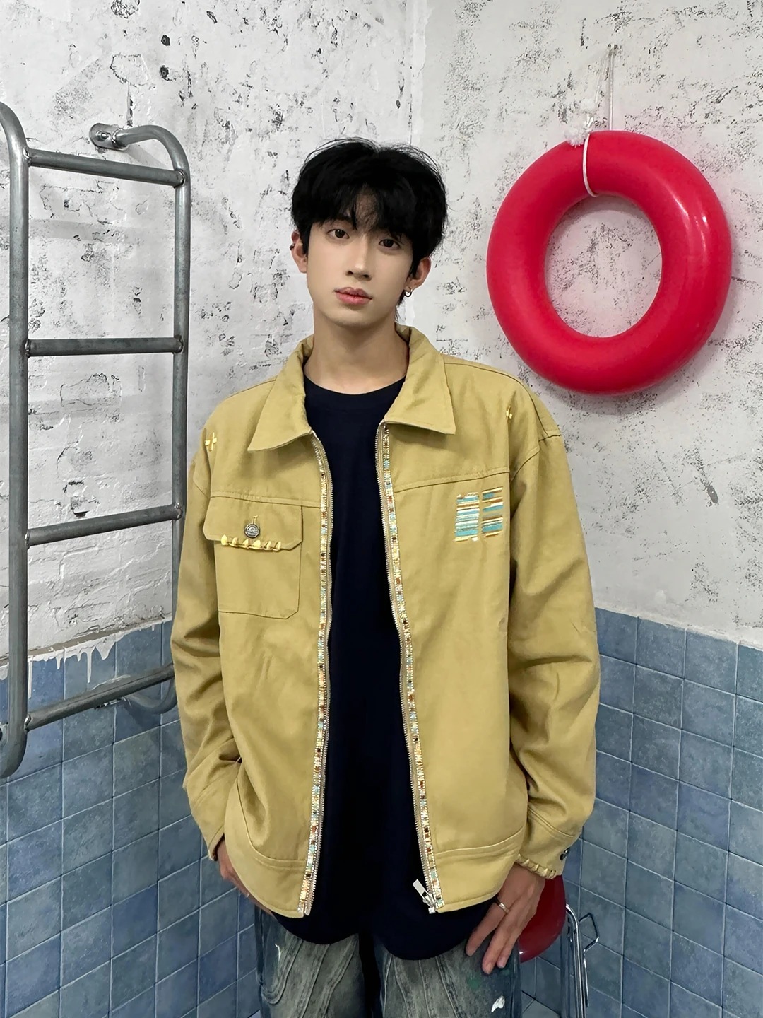 

Barn Sle ort Embroidered Jaet Men's Spring Autumn American Retro Baseball Collar Cleanfit Workwear Jaet Polyester Fiber