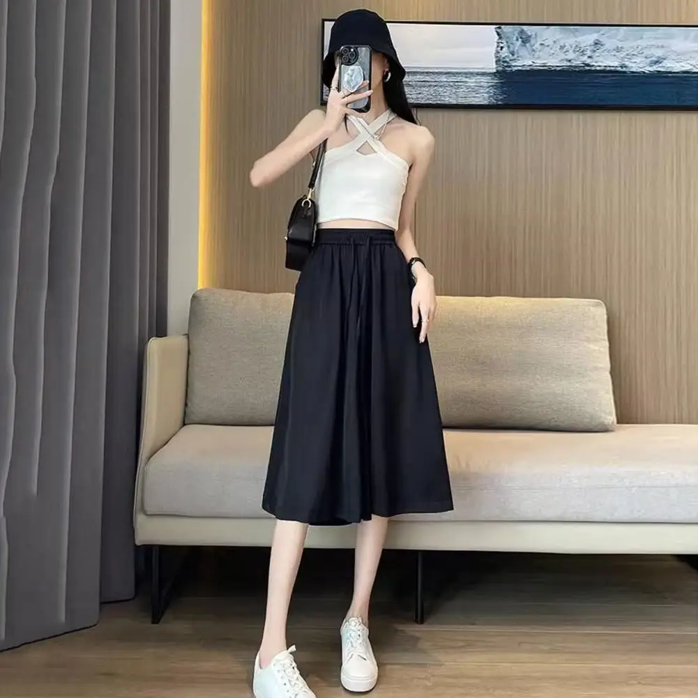 

Wide-leg Culottes Stylish Women's Wide Leg Cropped Pants with Elastic Waist Pockets Casual Summer Culottes for Yoga Skirt Pants