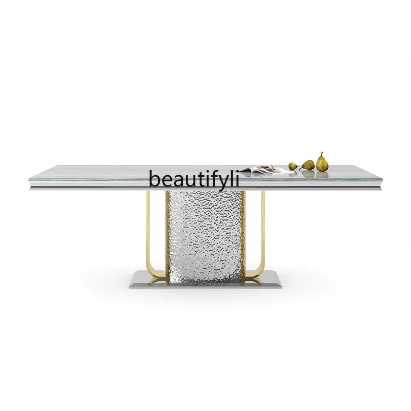 

Marble dining table household high-end European stainless steel dining table and chair combination can be customized