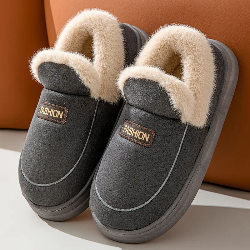 2024 Cotton Slippers For Couple Warm Thickened Indoor Shoes Non-slip Slip-on Casual Daily Home Wear Soft-sole Faux Fur Plus Size