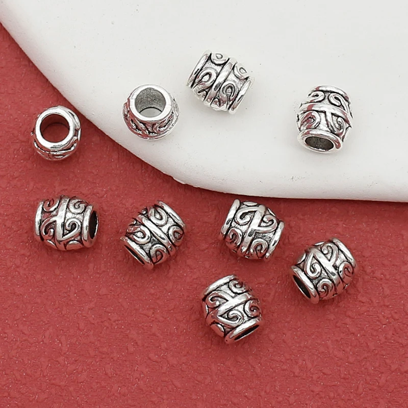 20pcs/lot Retro Tibetan Silver Pattern Bucket Beads 7.5x7mm Big Hole Spacer Beads For Bracelets Hair/Beards DIY Jewelry Findings