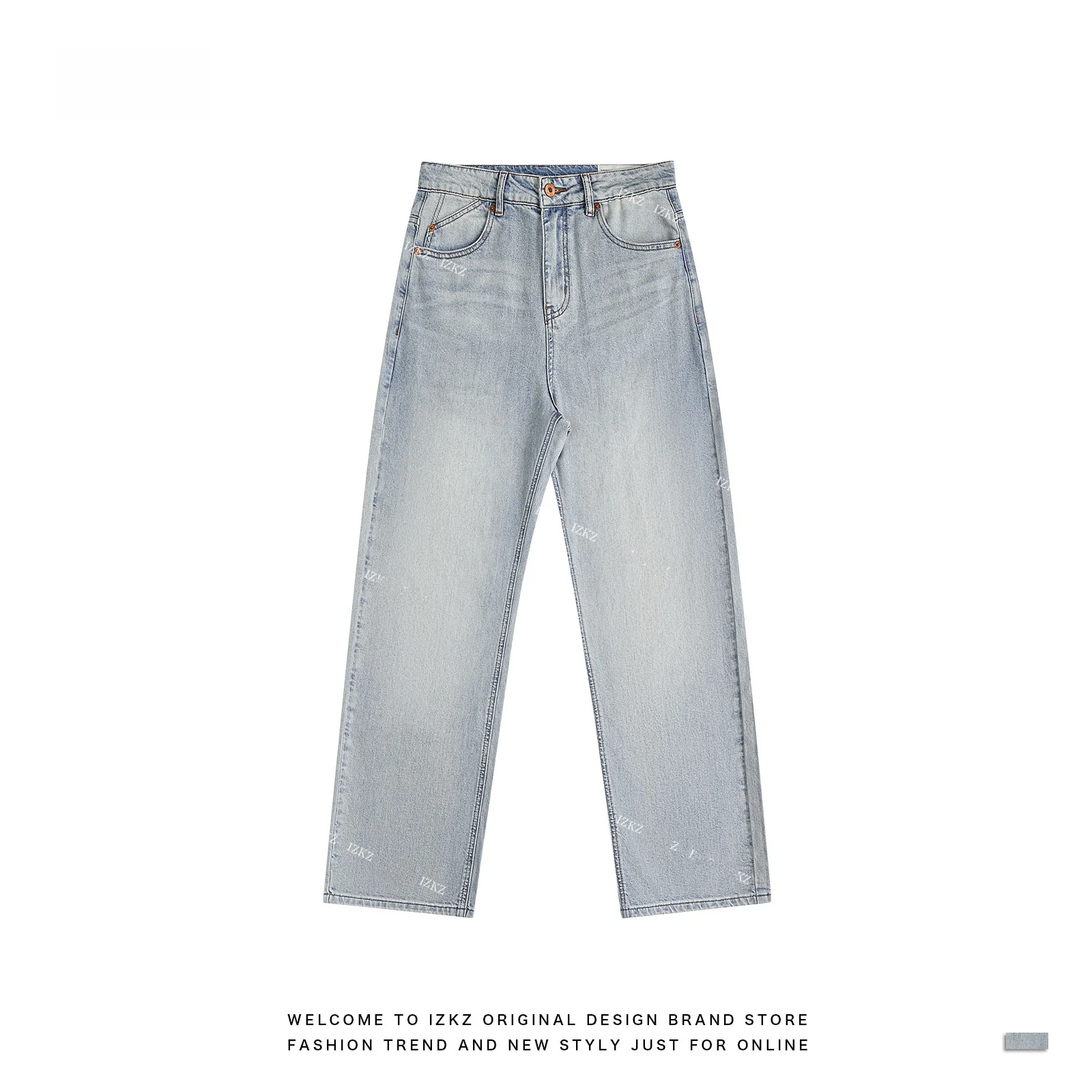 

Quality Denim Blue Water Rhythm Design Jeans Straight Leg Long Trousers Stone Grinding Hand Manuscript Small Audience Design