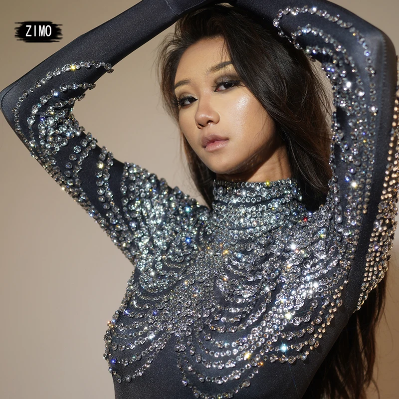glitter rhinestones long sleeve black jumpsuit gloves Singer Stage sexy Birthday club party pole dancer wear outfits Celebrate