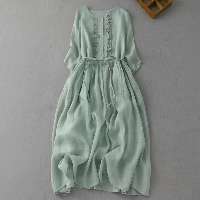 Women Dresses Summer 2024 New Elegant Ruffles Casual Loose Sundress Vintage Holiday Beach Dress Short Sleeve Lace Up Maxi Dress