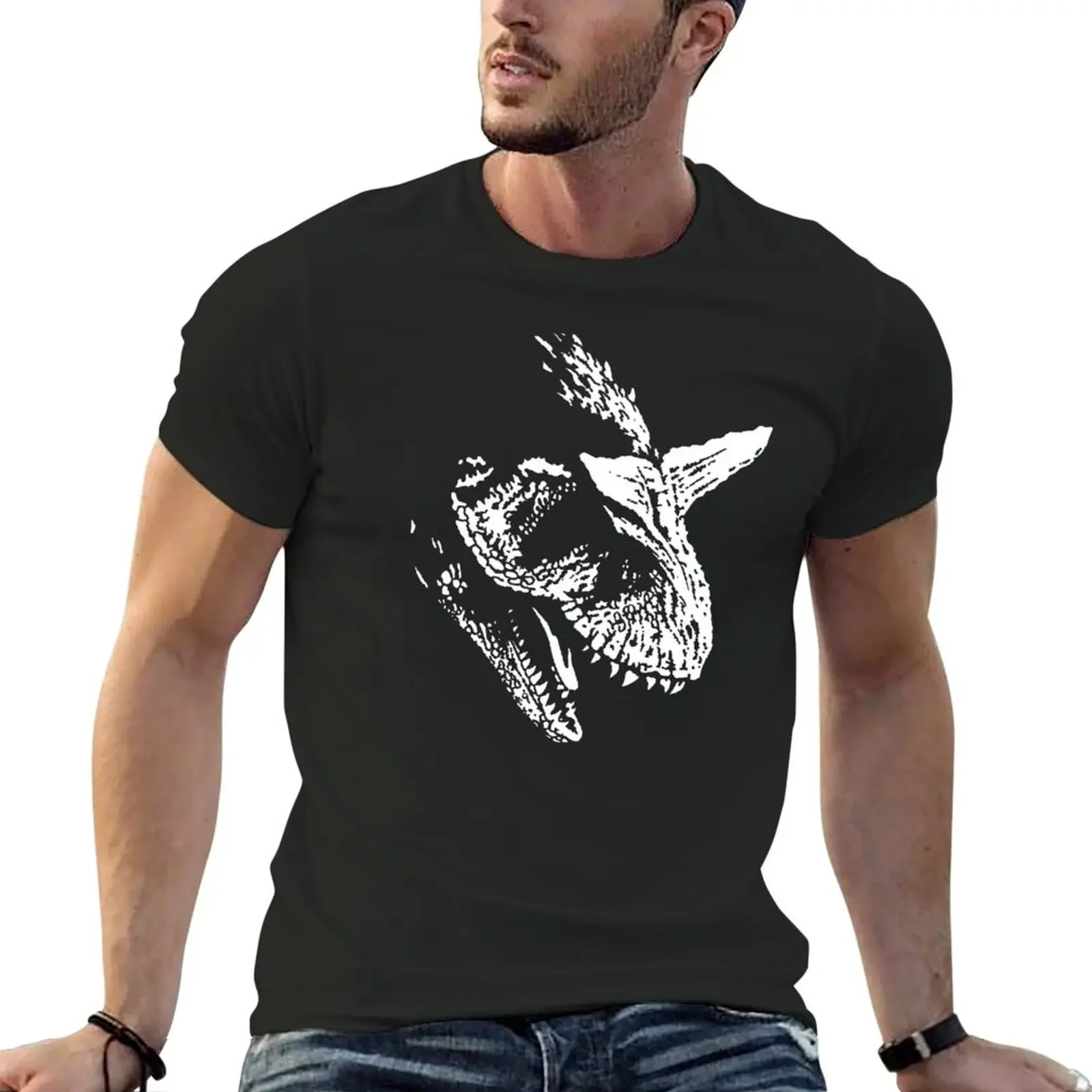 Carnotaurus Roaring Dinosaur Black & White T-Shirt for a boy cotton graphic tees mens shirts graphic tee