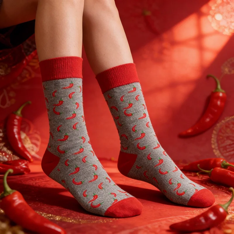 1 par de calcetines grises a media pantorrilla para mujer con estampado de pimiento rojo: calcetines de algodón con puños en contraste de moda