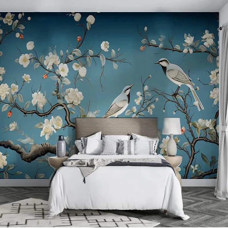 Custom Any Size Mural Wallpaper Chinese Retro Hand-painted Flowers birdsFresco Background Wall Decor Living Room Bedroom Fresco