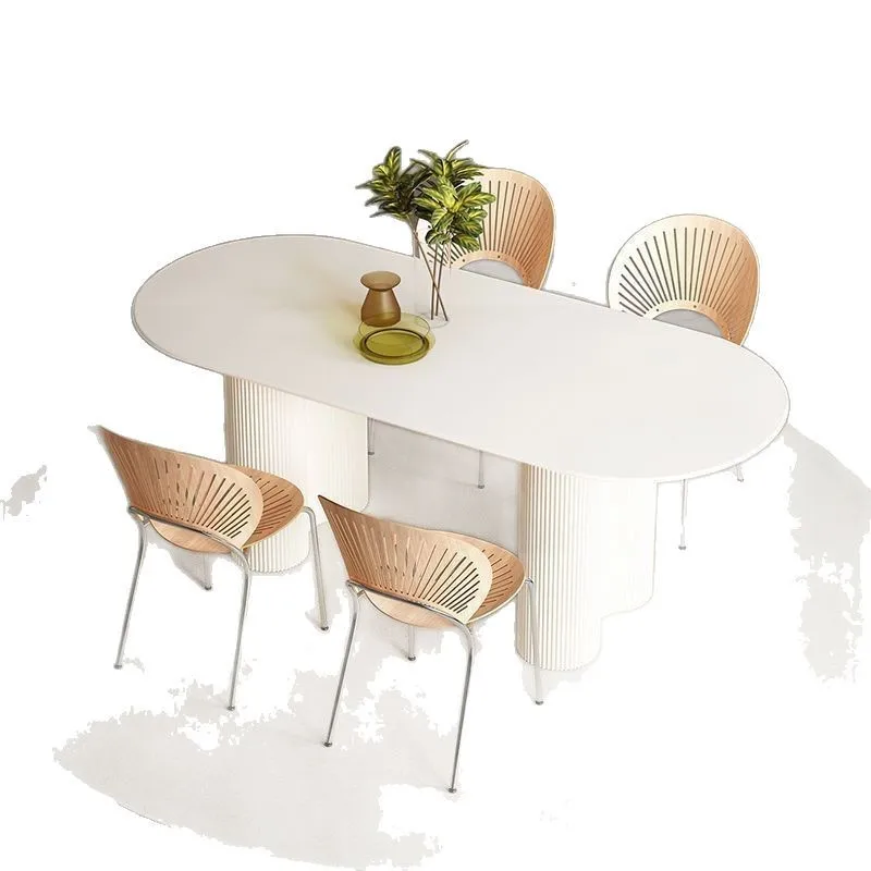 

Cream wind pure white rectangular eating table light luxury rock slab dining table and chair combination household small