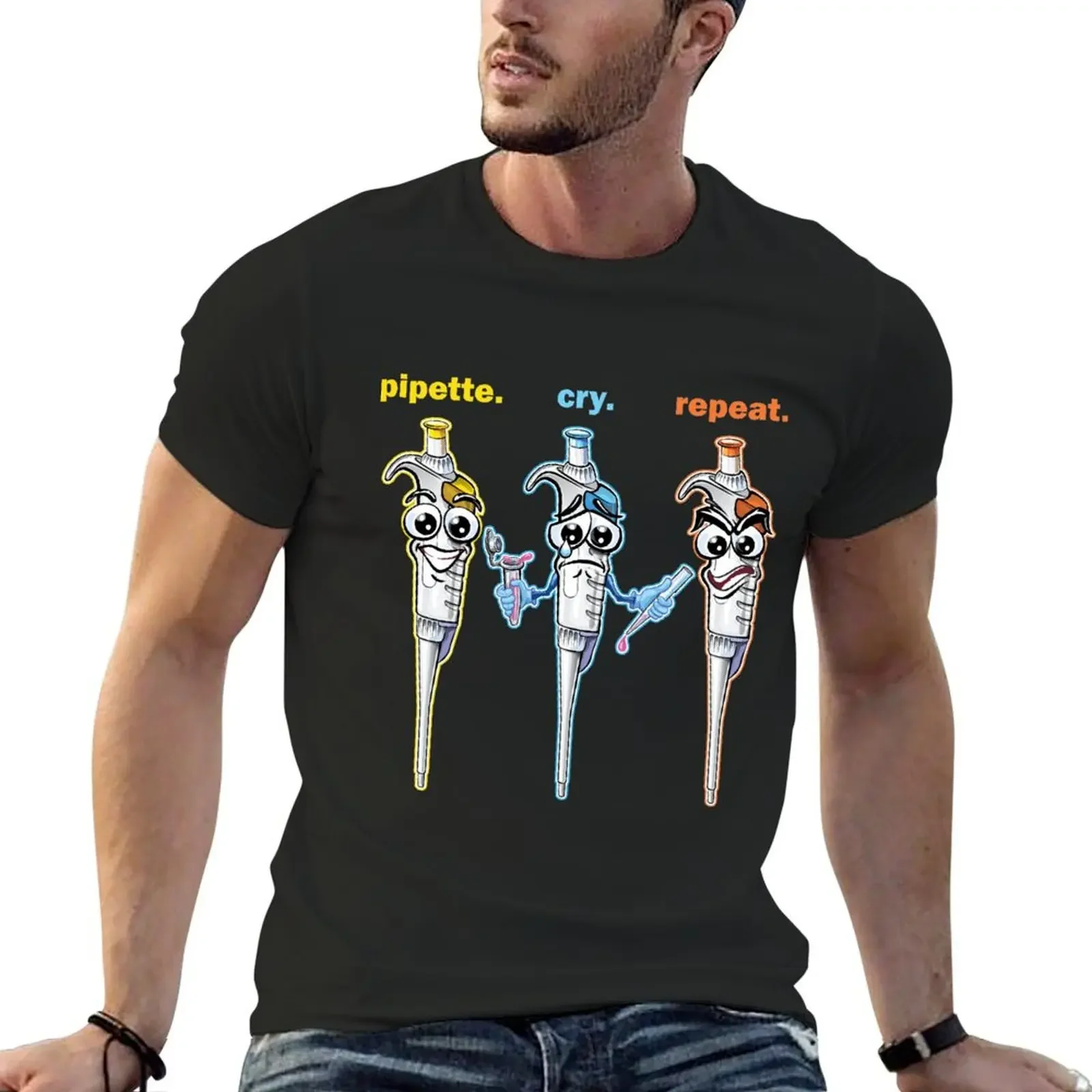 PCR Pipette Cry Repeat - Cartoon Pipette Funny Design for Dark Backgrounds T-Shirt Short sleeve tee anime tshirt clothes for men