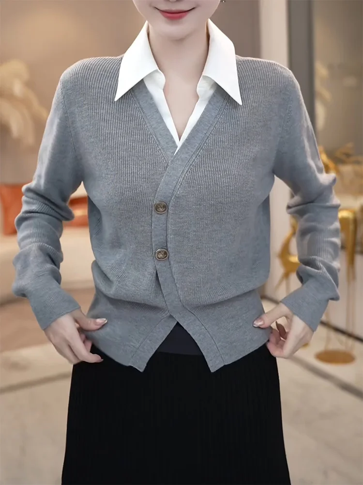 

Корейский вязаный кардиган-свитер для женщин, осенний, новый, универсальный, с V-образным вырезом, длинный рукав, повседневный стиль