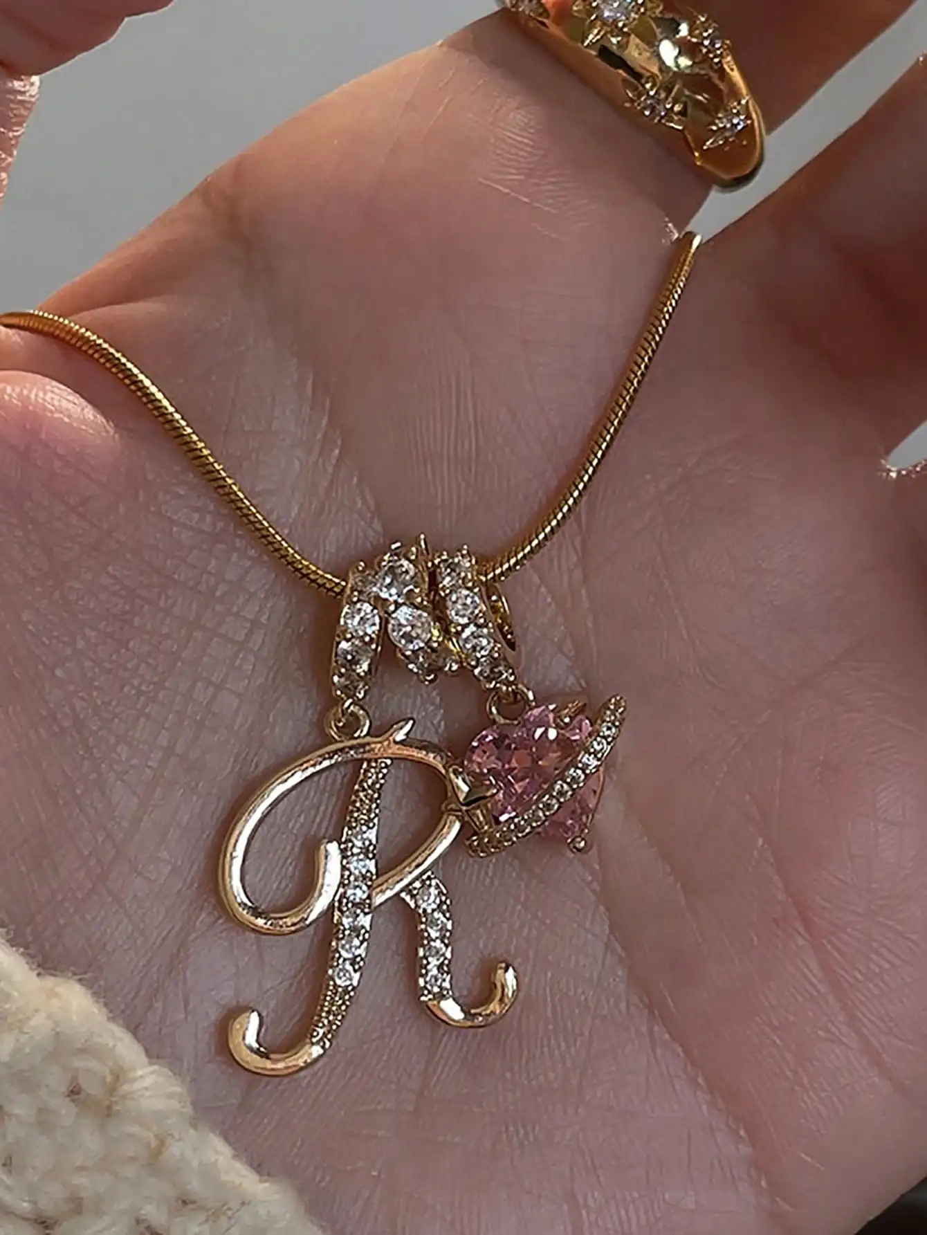 

Gold Plated Letter R Necklace with Pink Heart CZ Pendant, Elegant Daily & Valentine's Gift for Women