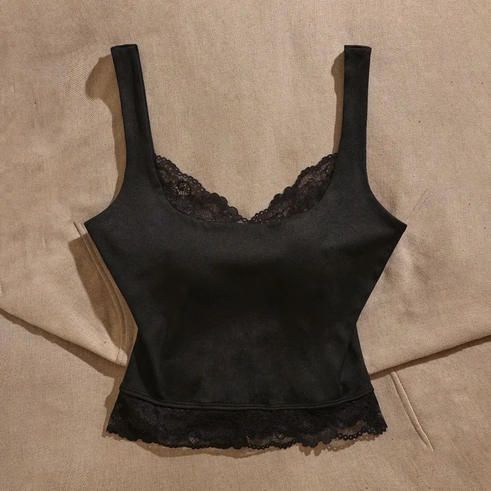 Waist-cinching Sleeveless Slim Lace Crop Top Solid Color V-neck Lace Sling Tank Patchwork Sweet Spaghetti Y2k Top Lady