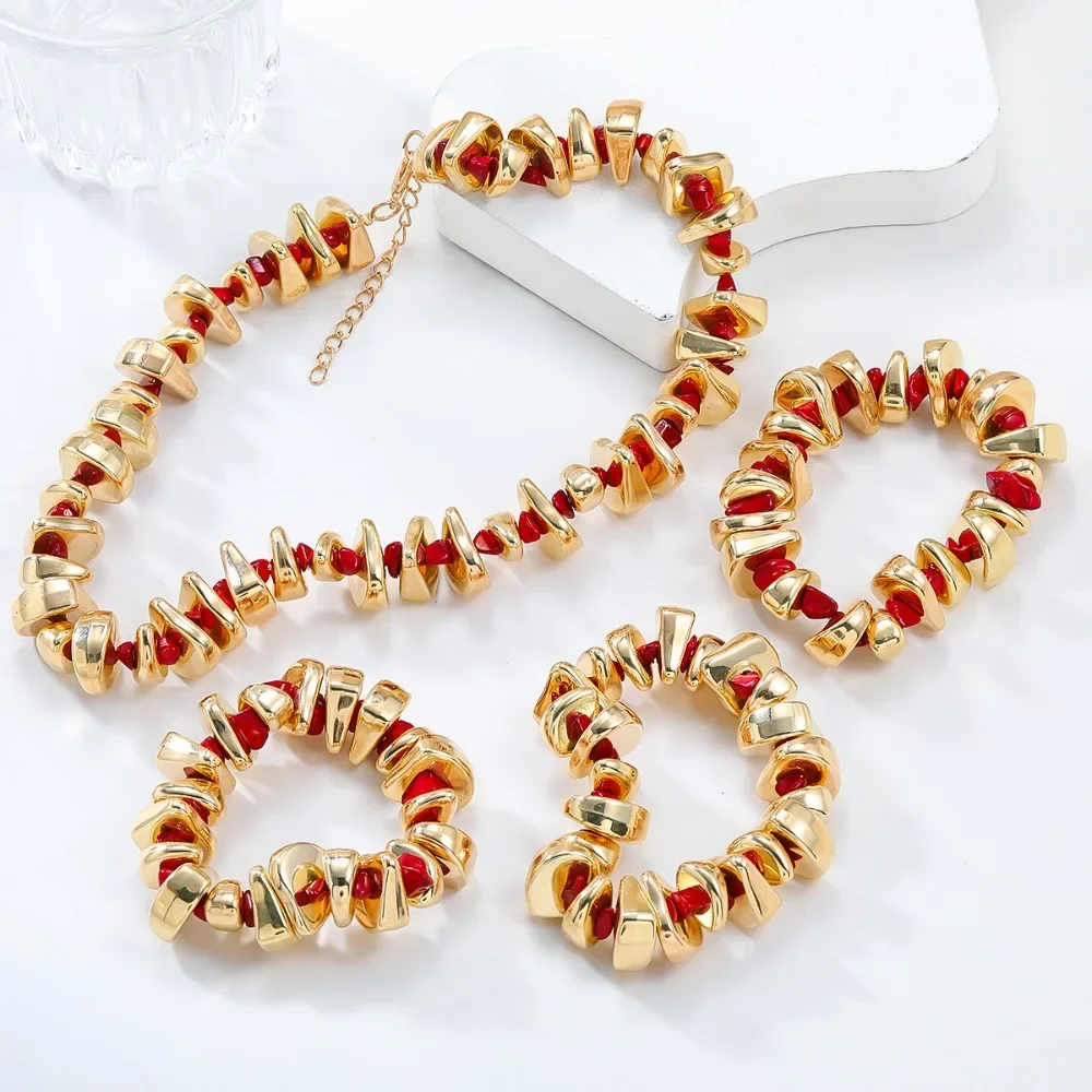 3pcs Set Boho Retro Gold Color Irregular Resin Crushed Stone  Hand-strung Beads Bracelets Necklace for Women Charm Jewelry Sets