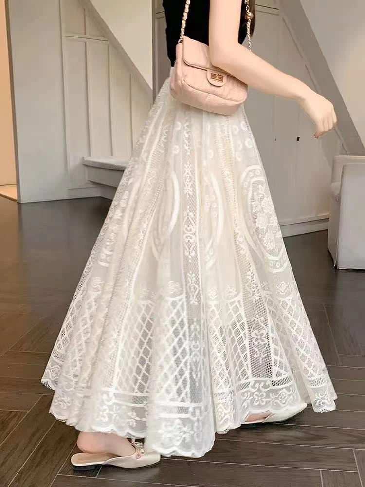 

Floral Lace Beach Comfortable Women Long Skirt French Sweet Loose A Line Casual Chic Female Skirts High Waist Elegant Skirt New