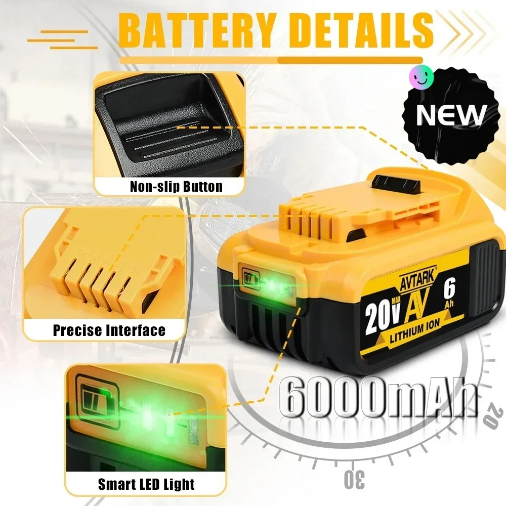 

Newly Upgraded 18V/20 Volt MAX 6.0Ah 8.0Ah DCB200 Replacement Li-ion Battery for DeWalt Power Tools DCB205 DCB201 DCB203