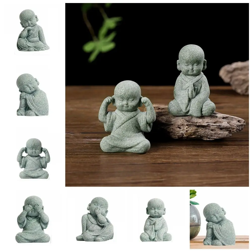 Durable Cute Little Monk Ornament DIY Green Sandstone Mini Bald Monk Chinese Style Buddha Statue Fish Pond Landscaping