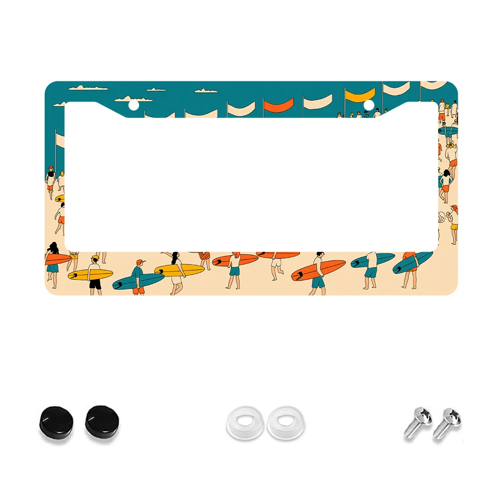 

1pc Colorful Surfing Scene 2-Hole License Plate Frame, Aluminum Material, 6x12 Inches with Screw Set, Retro Novelty Car Decorat