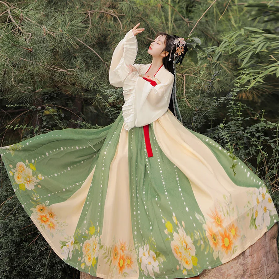 Hanfu Chinese Style Dress Set Women Vintage Elegant Flower Embroidery Fairy Dance Stage Costumes Female Sweet Princess Outfits