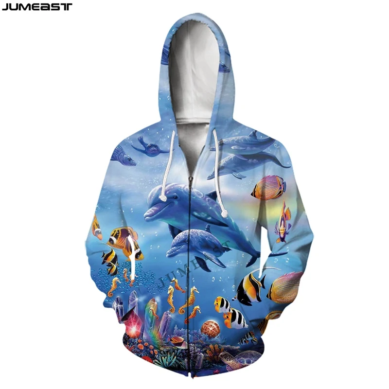 Jumeast Oversiz Hoodie Men's Jacket Women's Zipper Coat Dolphin Apple Sea Animal Print Streetwear Pullover Spring Tracksuit