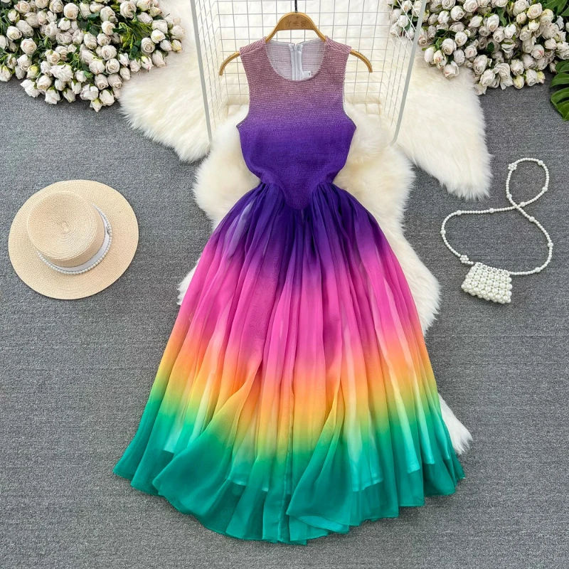 

Women Rainbow Sleeveless Dresses Tie Dye A Line Round Neck Dress Elegant Slim Fit High Waist Vestidos Casual Summer 2025