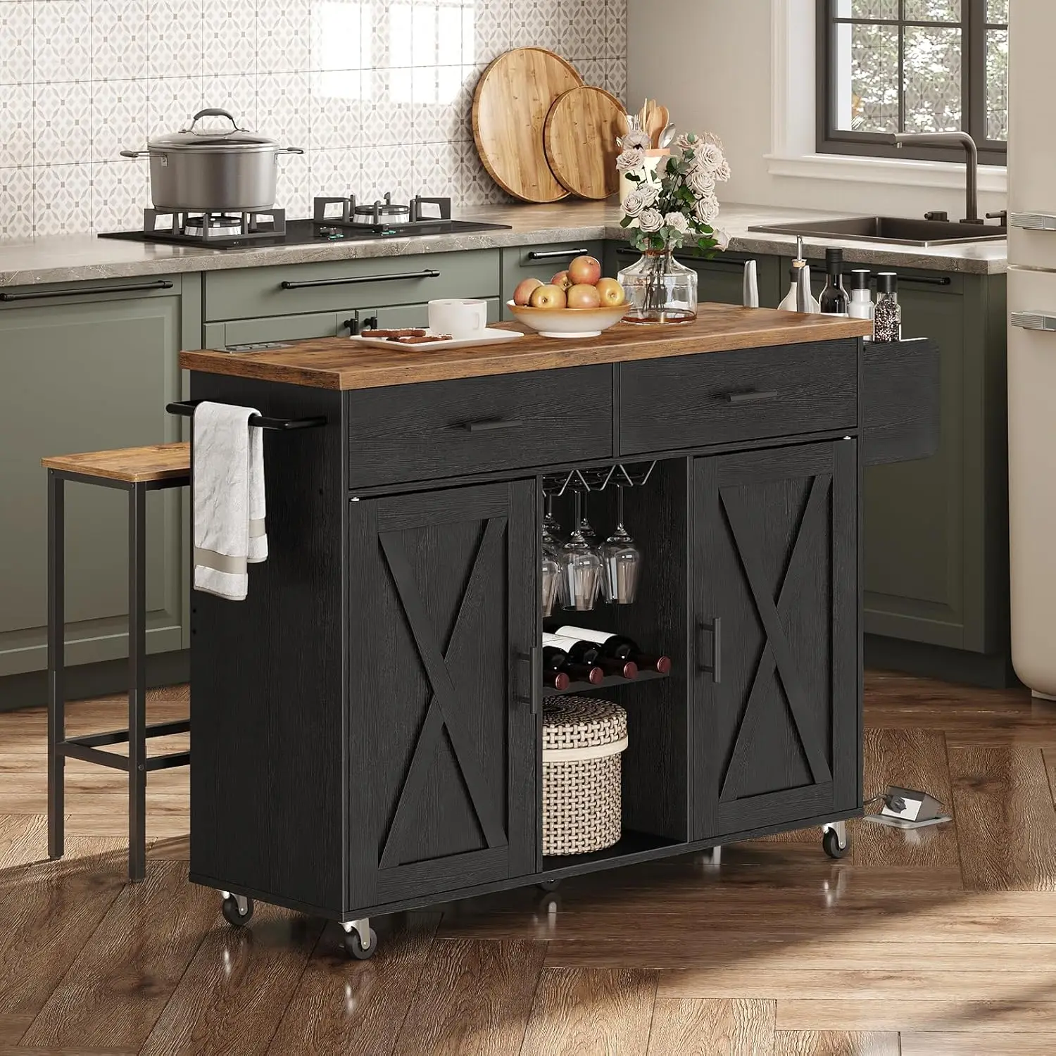 HOOBRO Kitchen Island with Storage, Rolling Kitchen Island Cart on Wheels, Kitchen Island Table with Charging Station, 2 Drawers