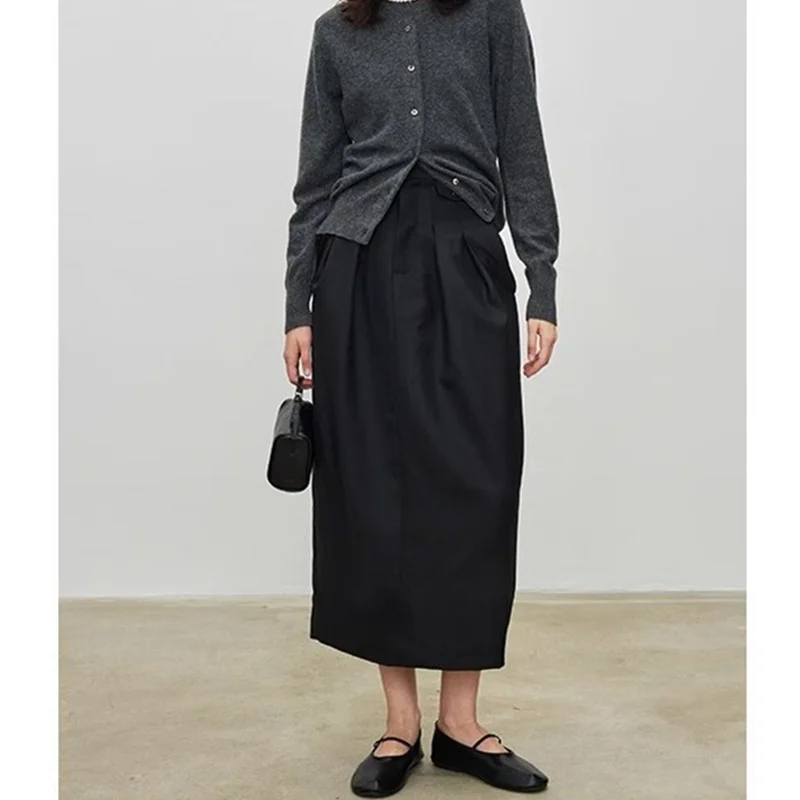 กระโปรงทรงเอวสูงจีบสีดำสไตล์มินิมอลแบบฝรั่งเศสของเจนนี่แอนด์เดฟ  ชุดสูทผ้าขนสัตว์สำหรับผู้หญิง  กระโปรงทรงหรูหรา