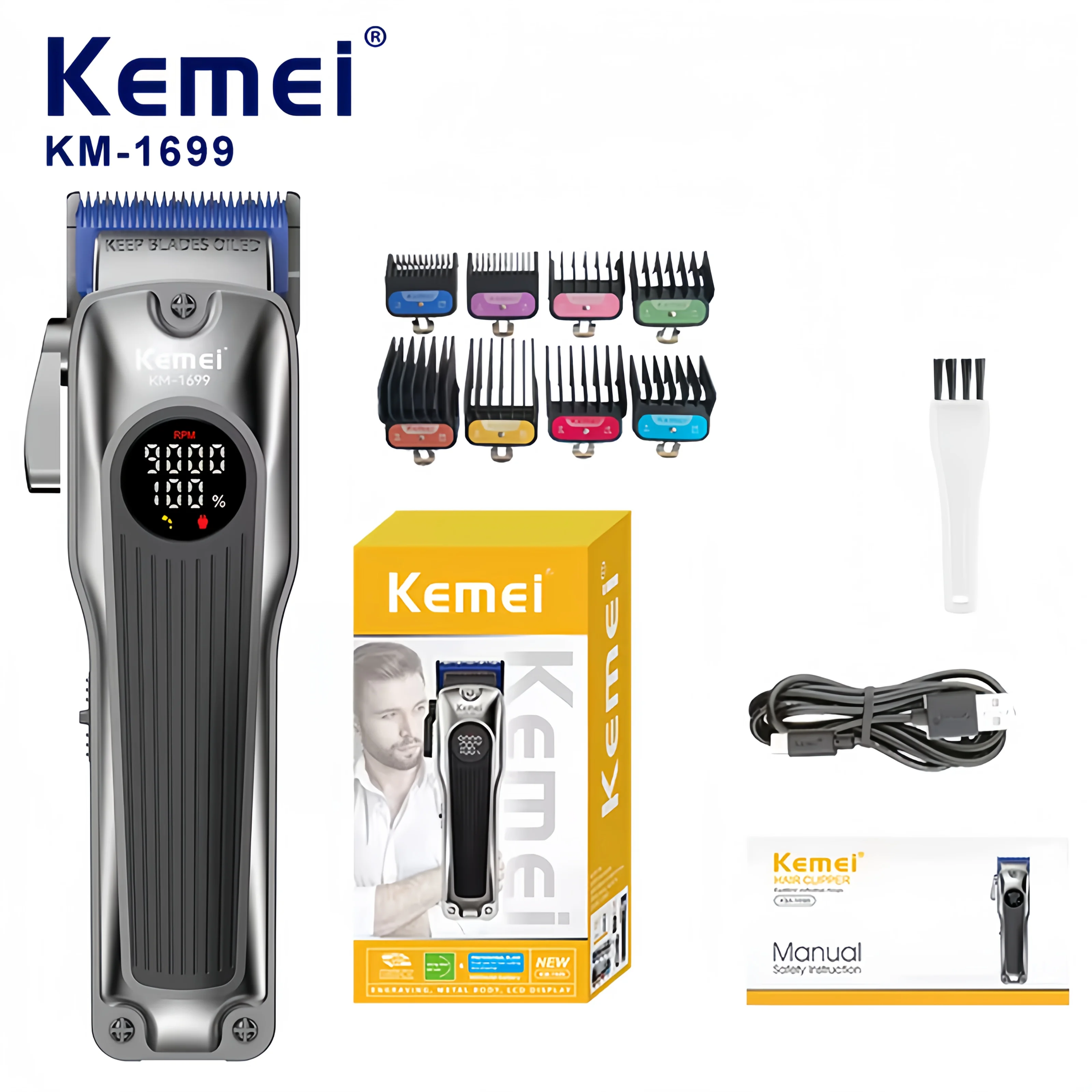 

KEMEI Профессиональная электрическая машинка для стрижки волос, USB перезаряжаемая мощная керамическая машинка для стрижки волос, набор для стрижки KM-1699