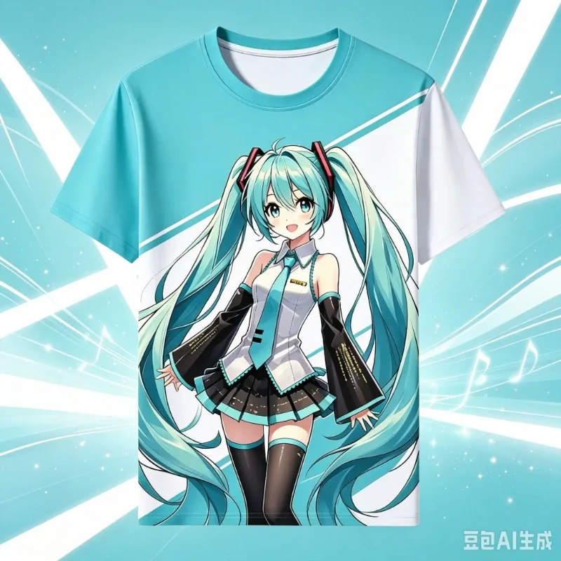 Summer Hatsune Miku Retro Cosplay T-Shirt Men's Oversized 3D Print Short-Sleeved Unisex Children's Sports Shirt Family Matching