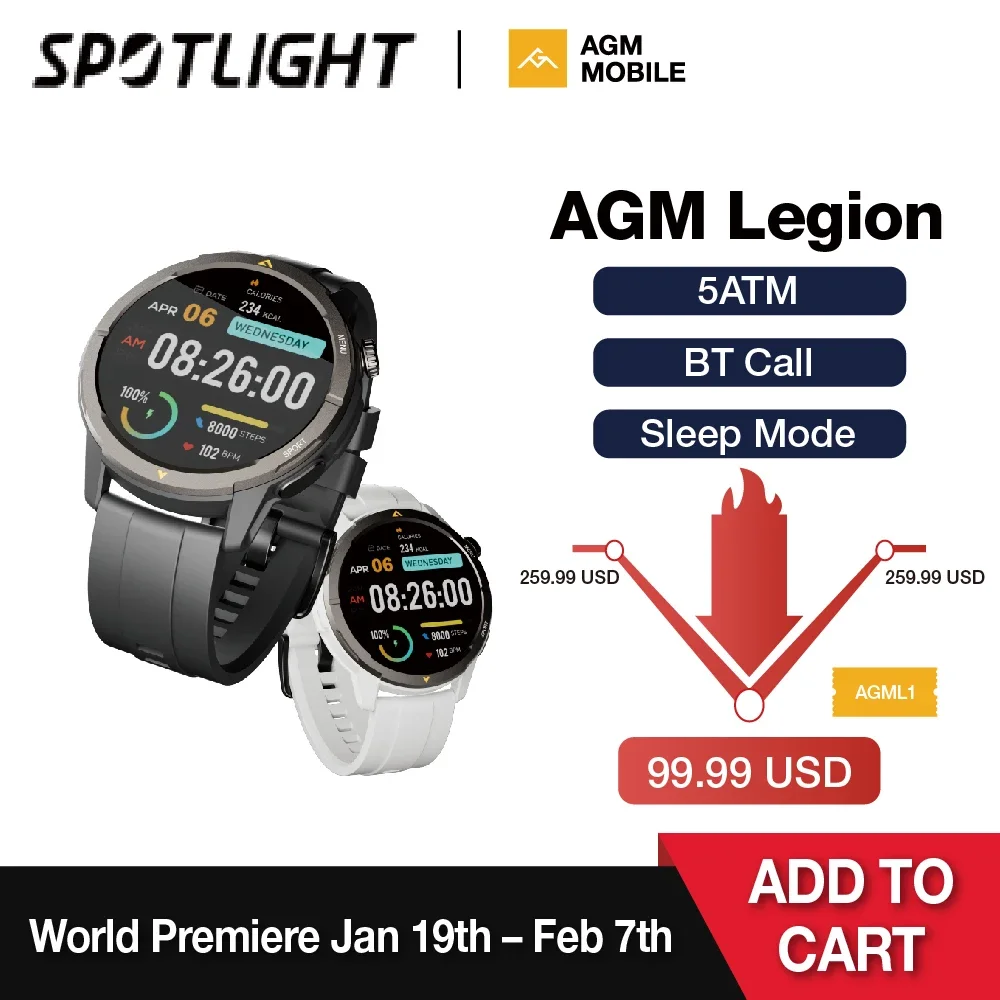 [World Premiere] AGM Legion Smartwatch 5ATM Waterproof 1.43"AMOLED Display Heart Rate Blood Oxygen 100+ Sports Modes GPS Compass