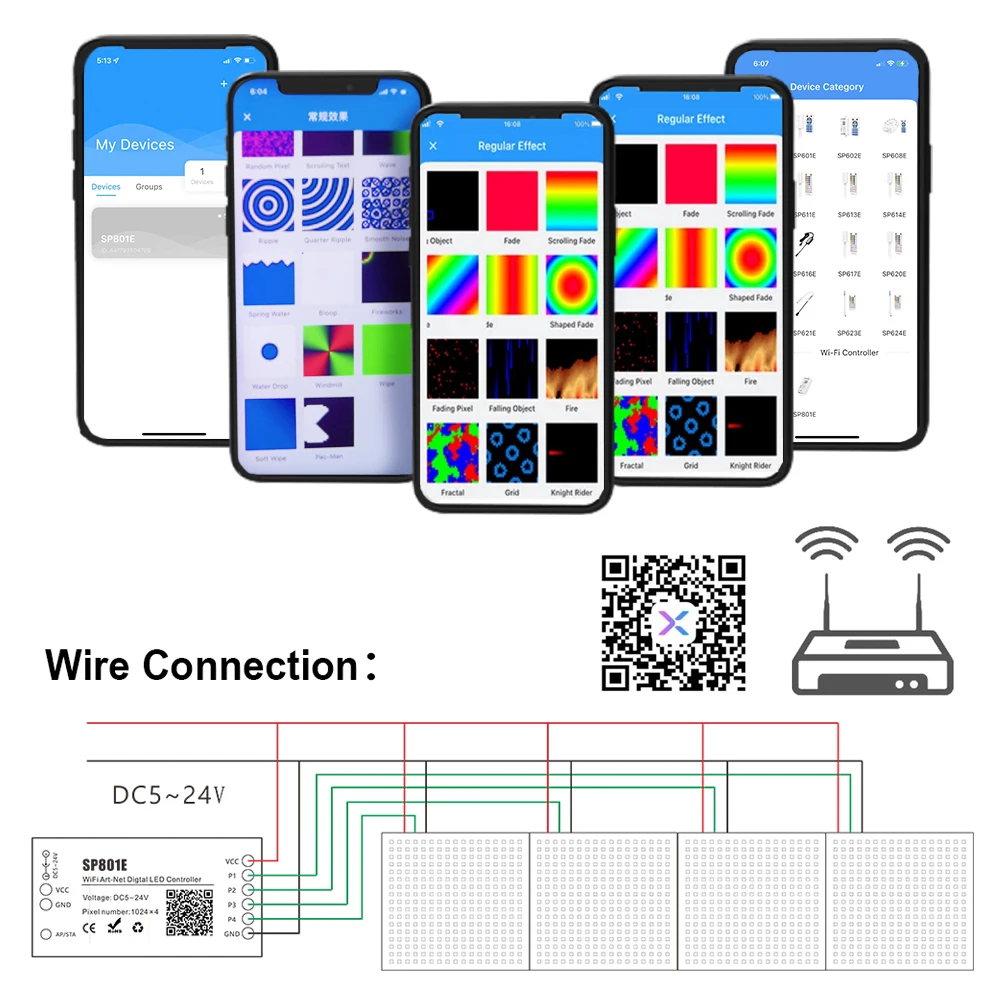 Contrôleur sans fil Wifi Art-Net LED SP801E pour WS2812B WS2811, Module de panneau matriciel pour bande lumineuse, iOS et Android DC5-24V