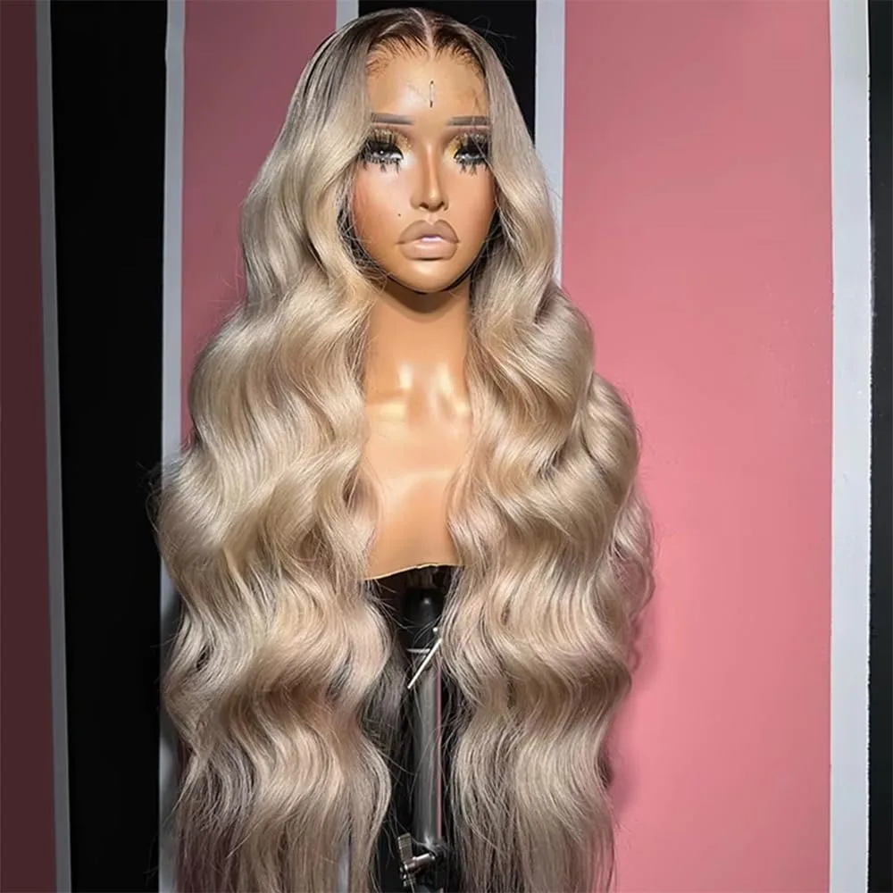13x4 Ombre Blonde with Root Colored Lace Front Wigs for Women Human Hair Body Wave Ombre Ash Blonde Lace Frontal Wig 200 Density image 2