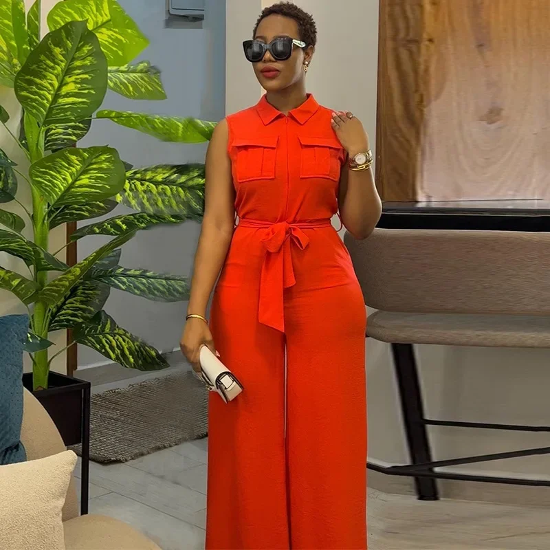 Shirt Tops Jumpsuits Waist Trimming Loose Trend Lapel Pocket Jumpsuits Women Summer Rompers Wide Leg Pants Sleeveless Jumpsuit