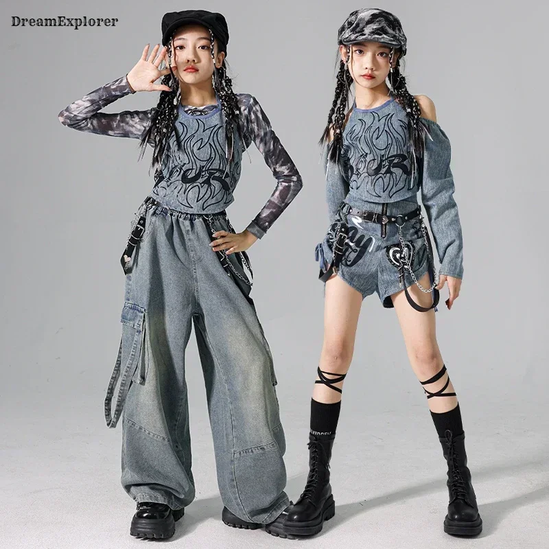 Girls K-pop Denim Crop Top Street Dance Cargo Jeans Pants Kids Hip Hop Jazz Shorts Clothes Set Children Streetwear Stage Costume